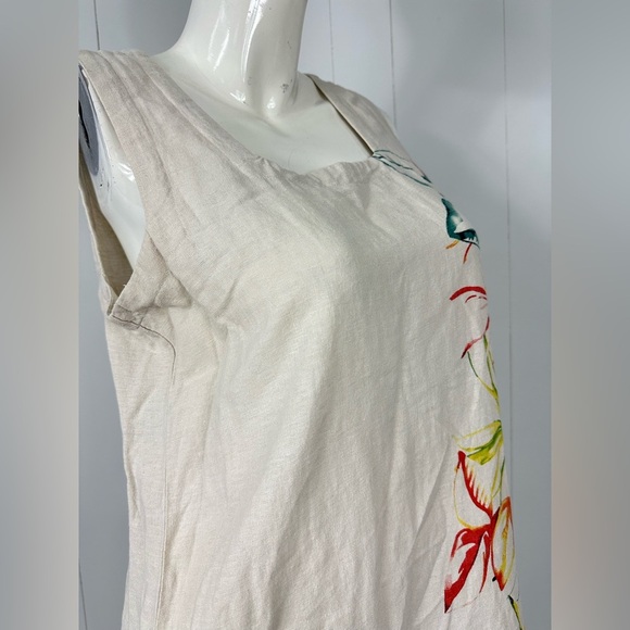 FOR CYNTHIA Women’s Sz M Striped Linen Blend Sleeveless Floral Beige Dress - Picture 3 of 10
